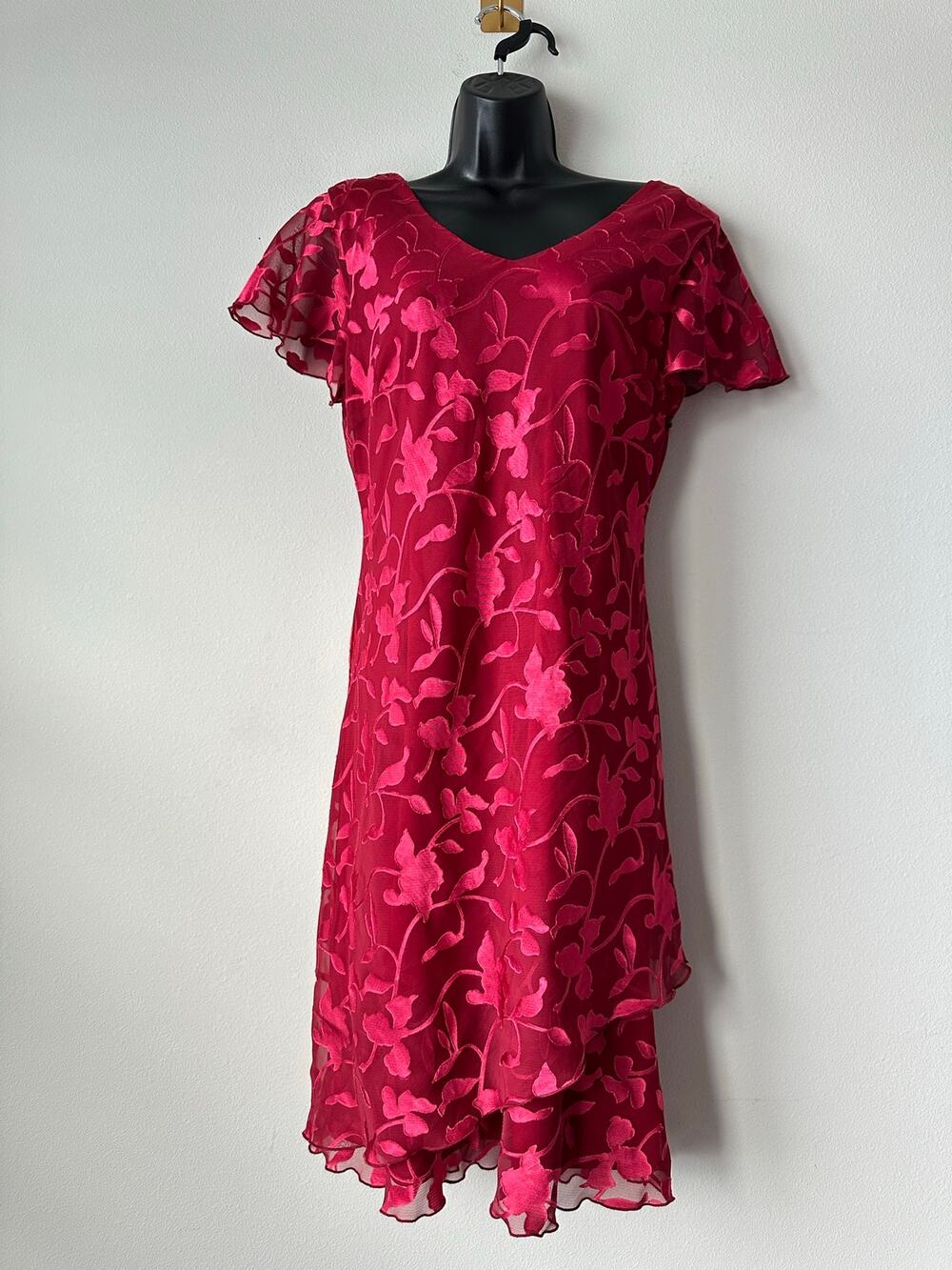 Vintage 90s Red  Floral Burnout Midi Dress Whimsigoth Fairy Dark Romantic XL